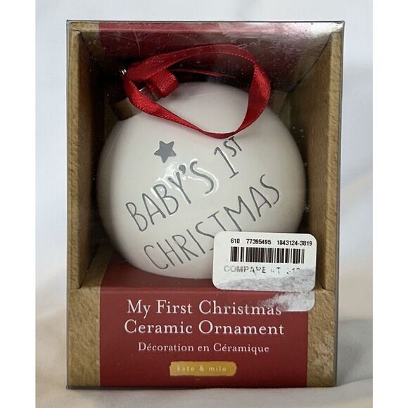 Kate & Milo Babys My First Christmas White Ceramic Ball Ornament NEW - Picture 1 of 2
